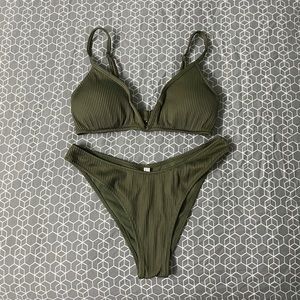 Express Swim Ribbed Olive Green Bikini Set